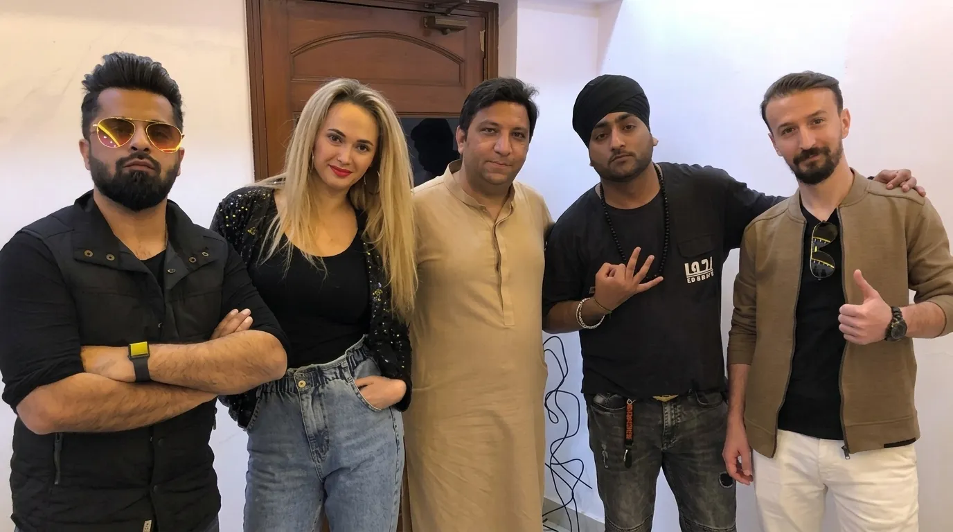 Five people posing together indoors in a photograph supplied with Sajjad Khan's entertainment career profile